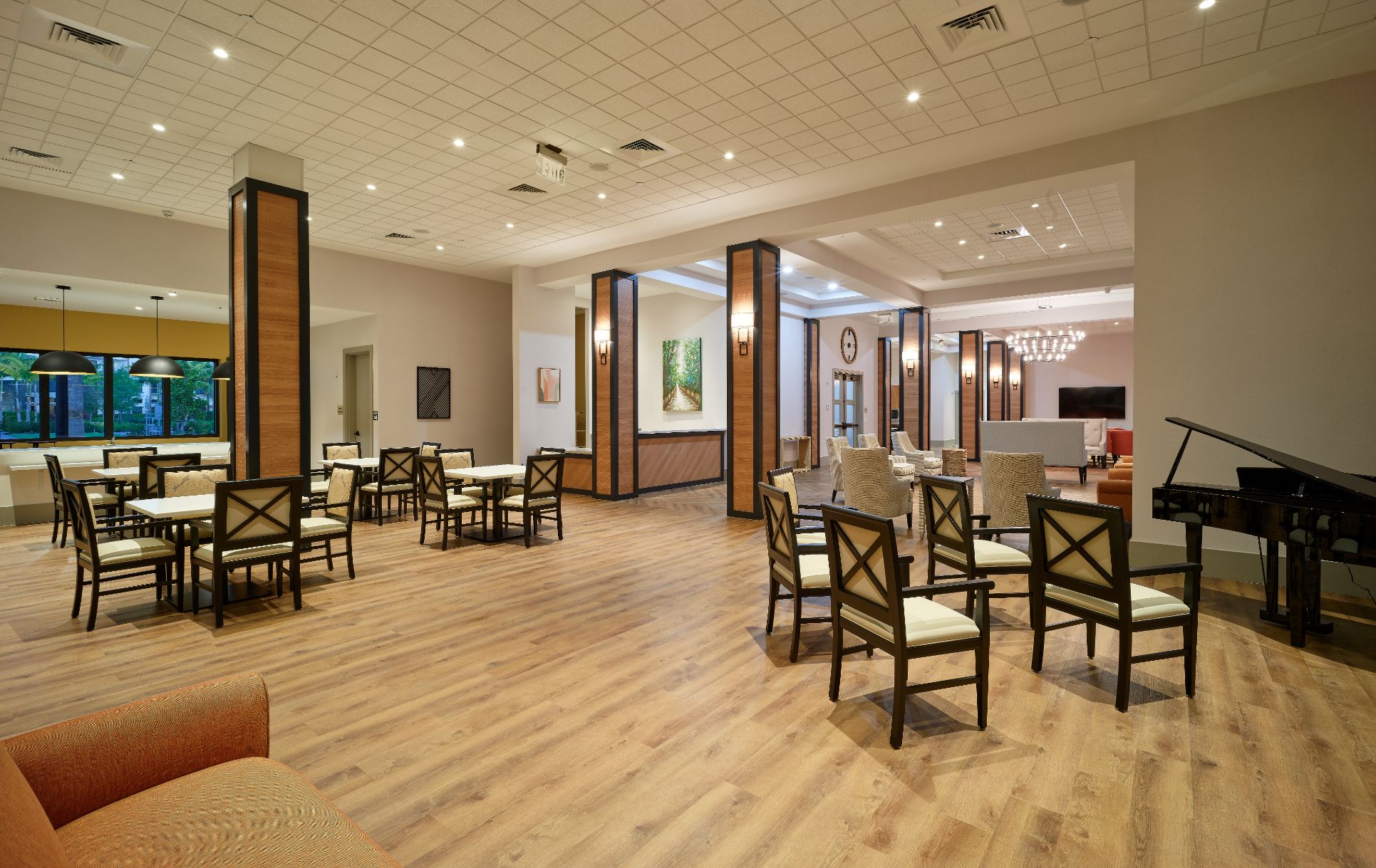 Common area of assisted living facility with seating