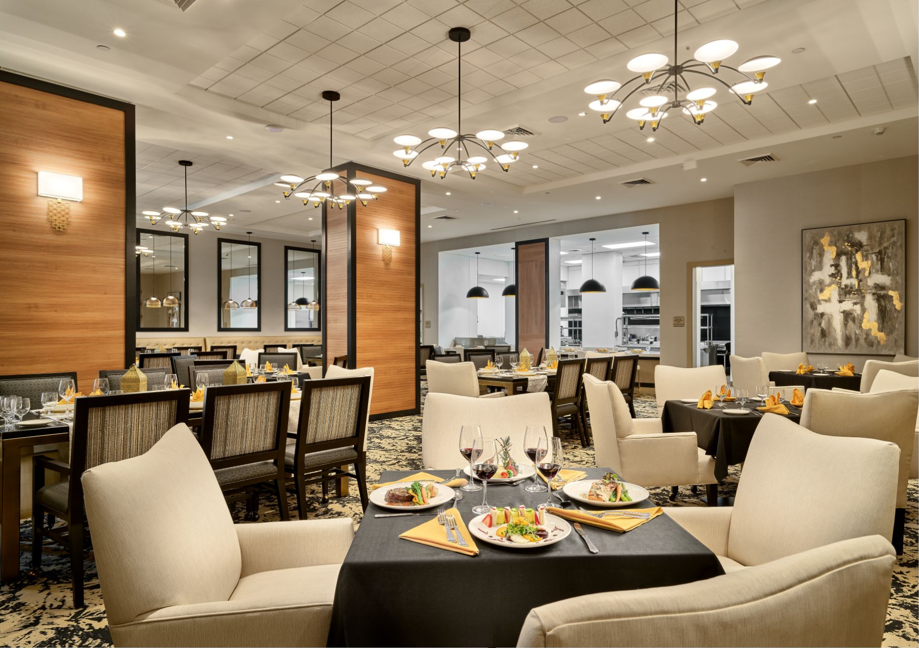 Elegant dining room setup with gourmet dishes