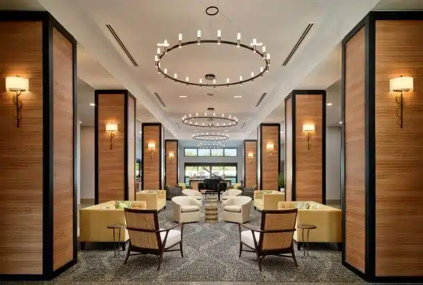 Spacious and modern common area with seating.