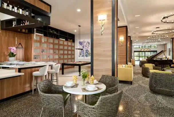 Dining area with tables and modern decor.