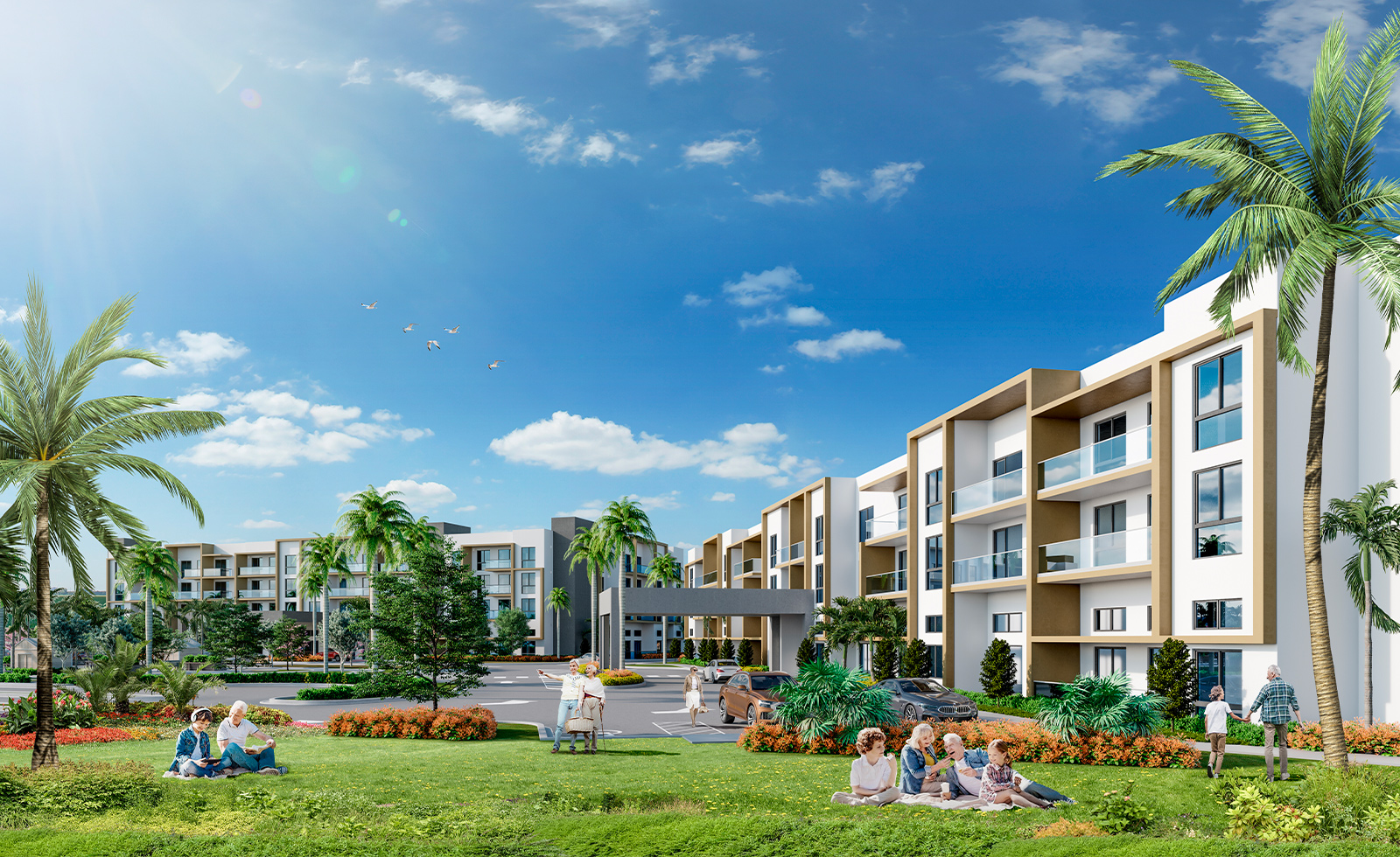 Outdoor view of facility with residents and staff.