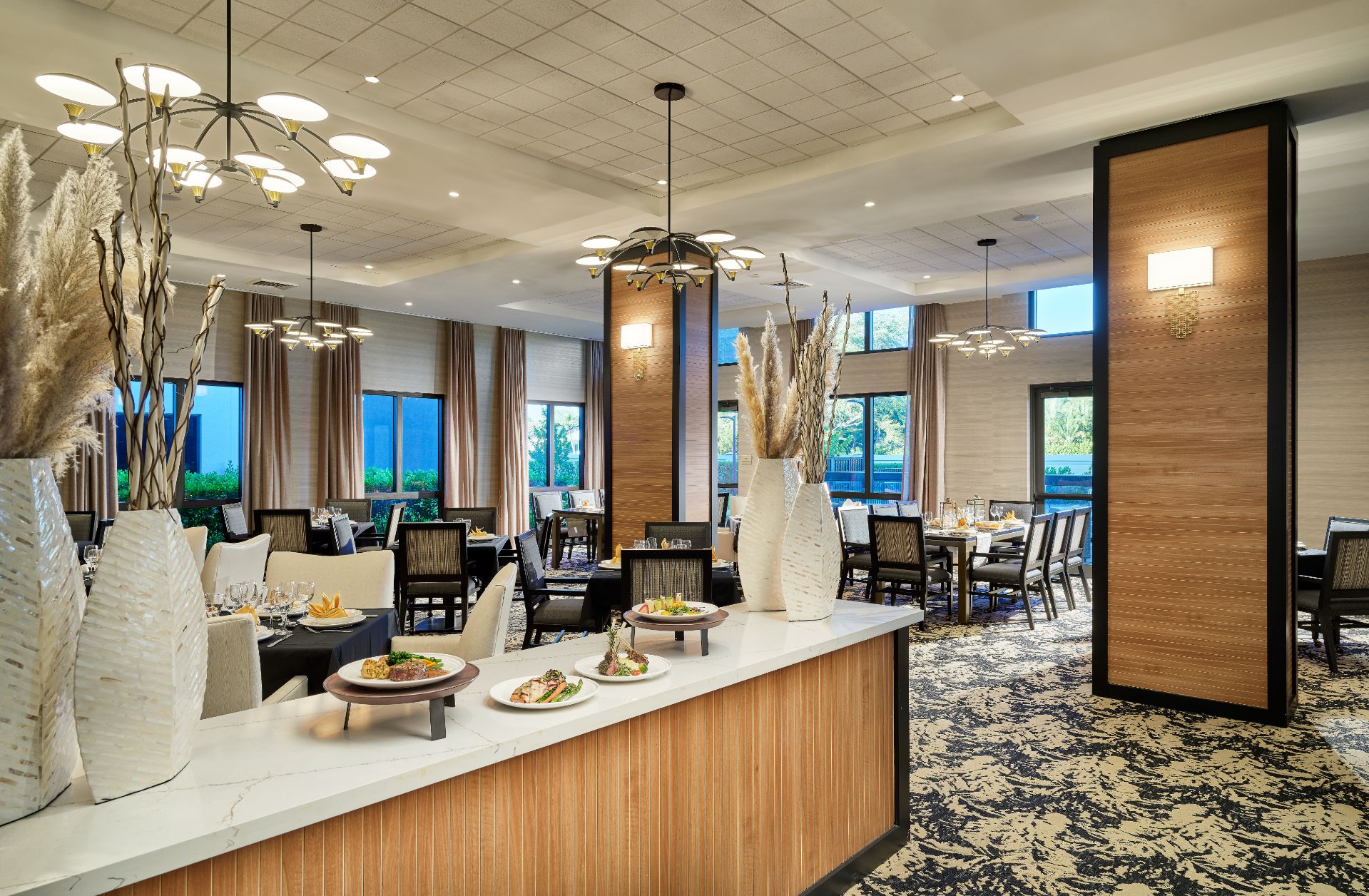 Elegant dining room with meal options displayed.