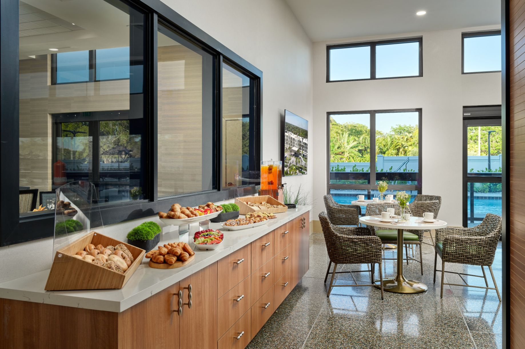 Dining area with food display and seating