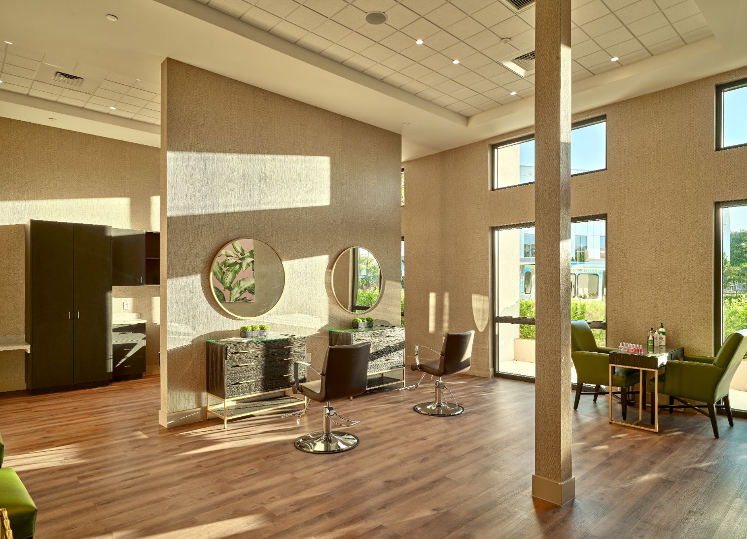 Bright and modern common area with seating.