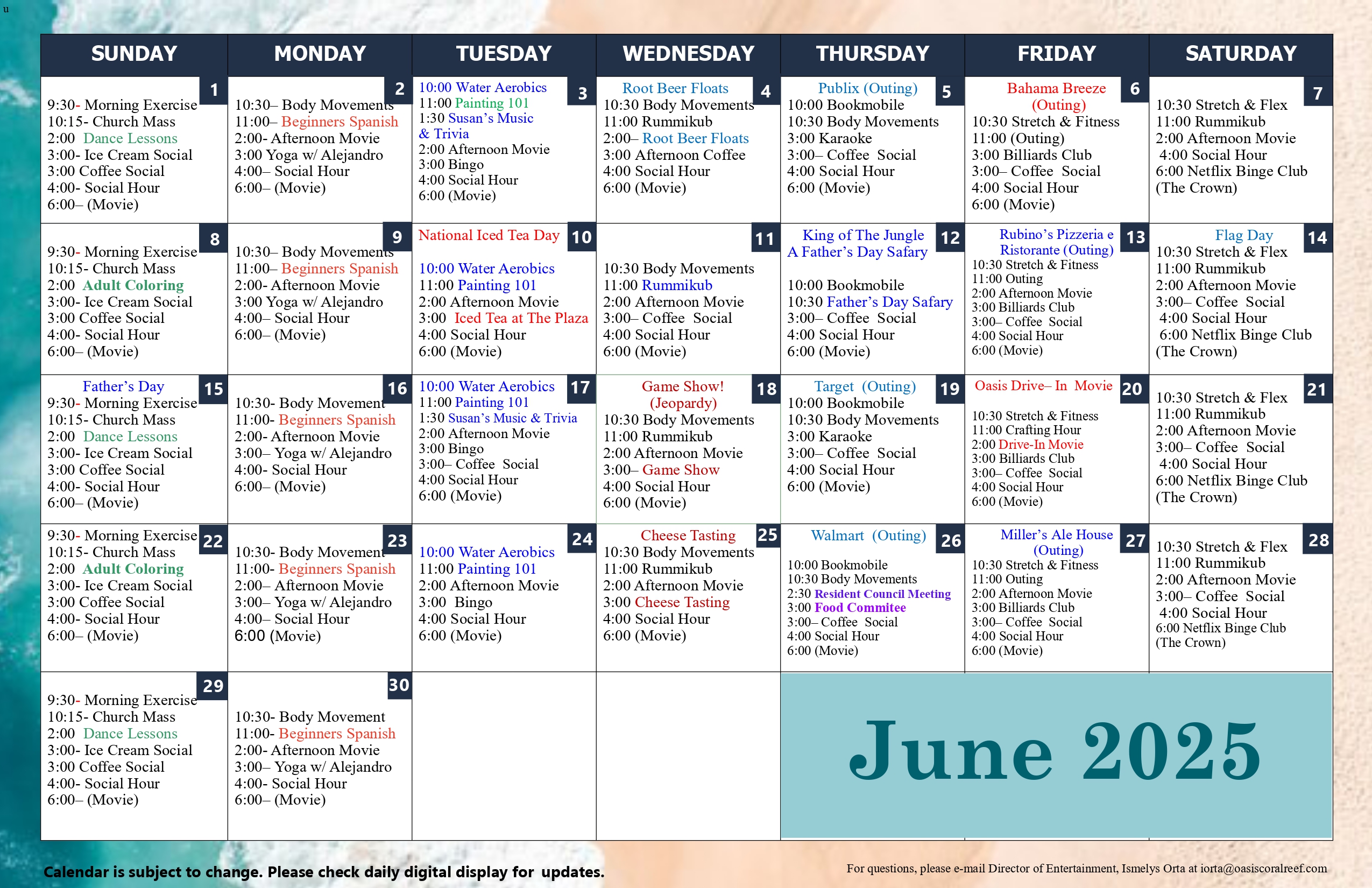 Monthly activity calendar for residents