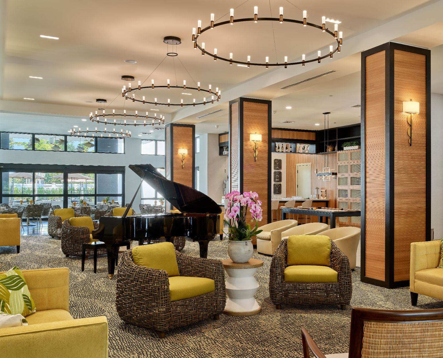 Inviting common area with piano and seating