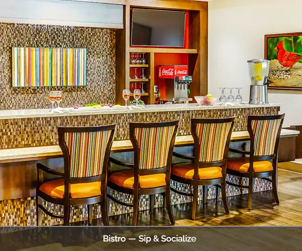 Interior view of a bistro area with seating and drinks
