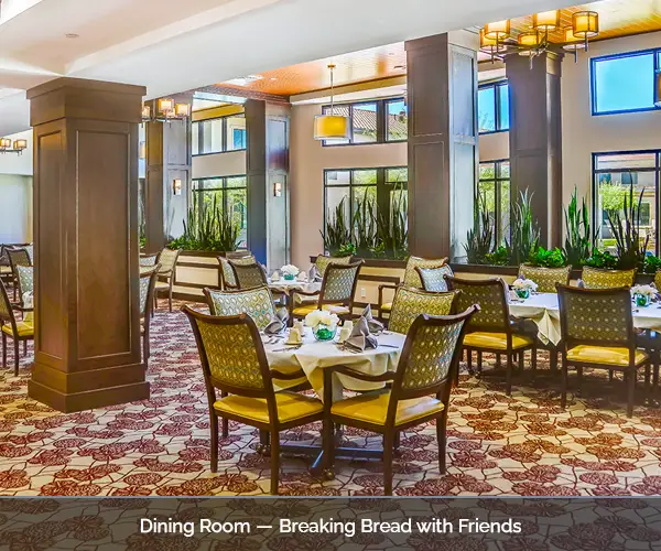 Elegant dining room with tables set for meals