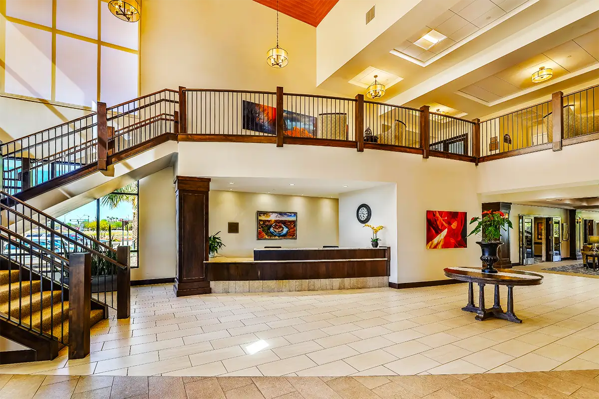 Lobby area of an assisted living facility with a reception desk