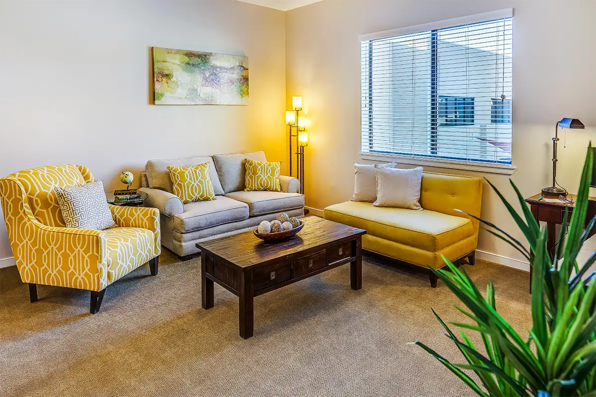 Cozy living room area in a senior care facility