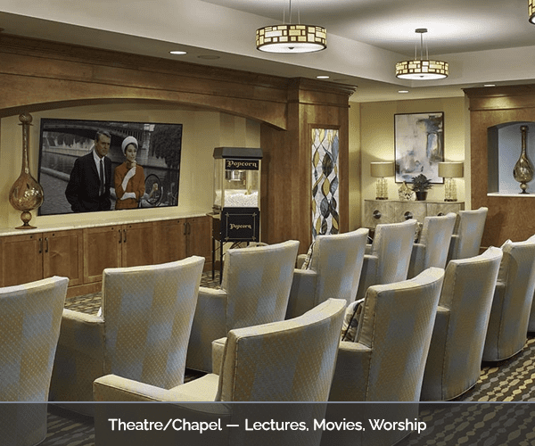 Interior view of a theater/chapel area with seating
