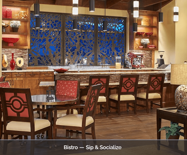 A warm interior view of a bistro area