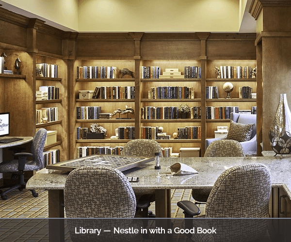 Common area library with bookshelves and seating