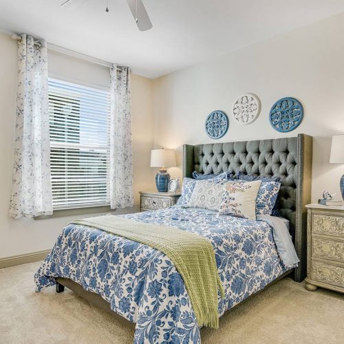 Cozy decorated bedroom in a senior living facility