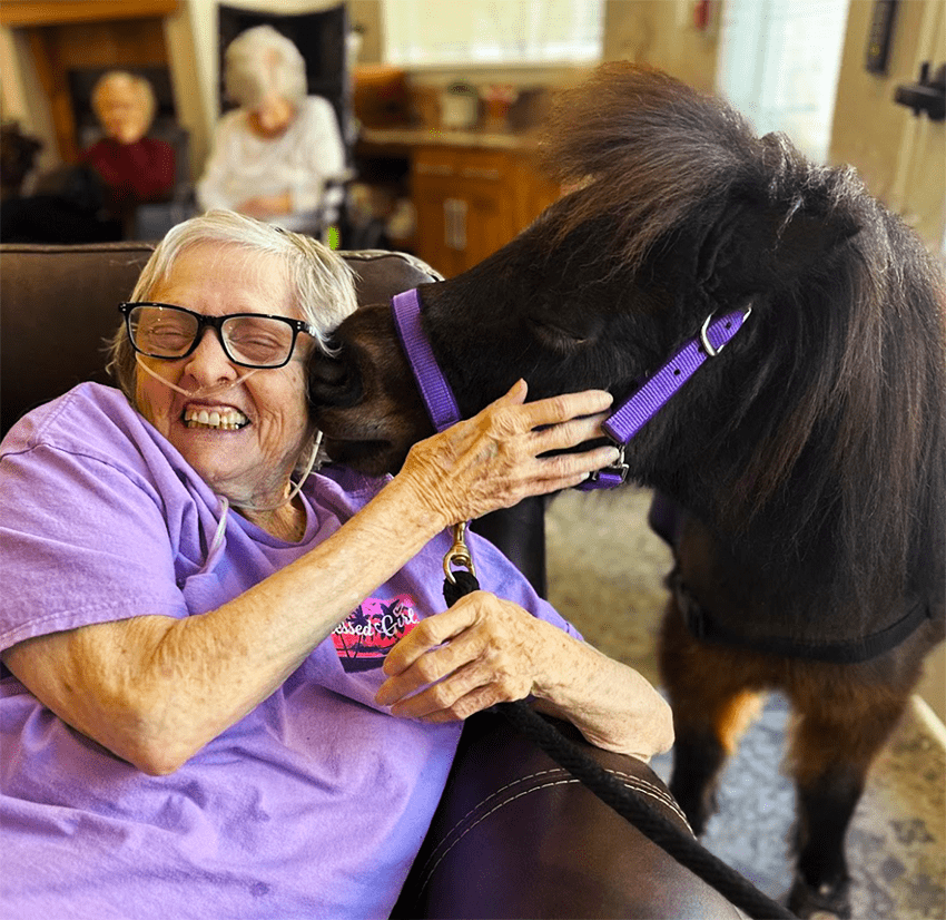 Resident enjoying time with a miniature horse