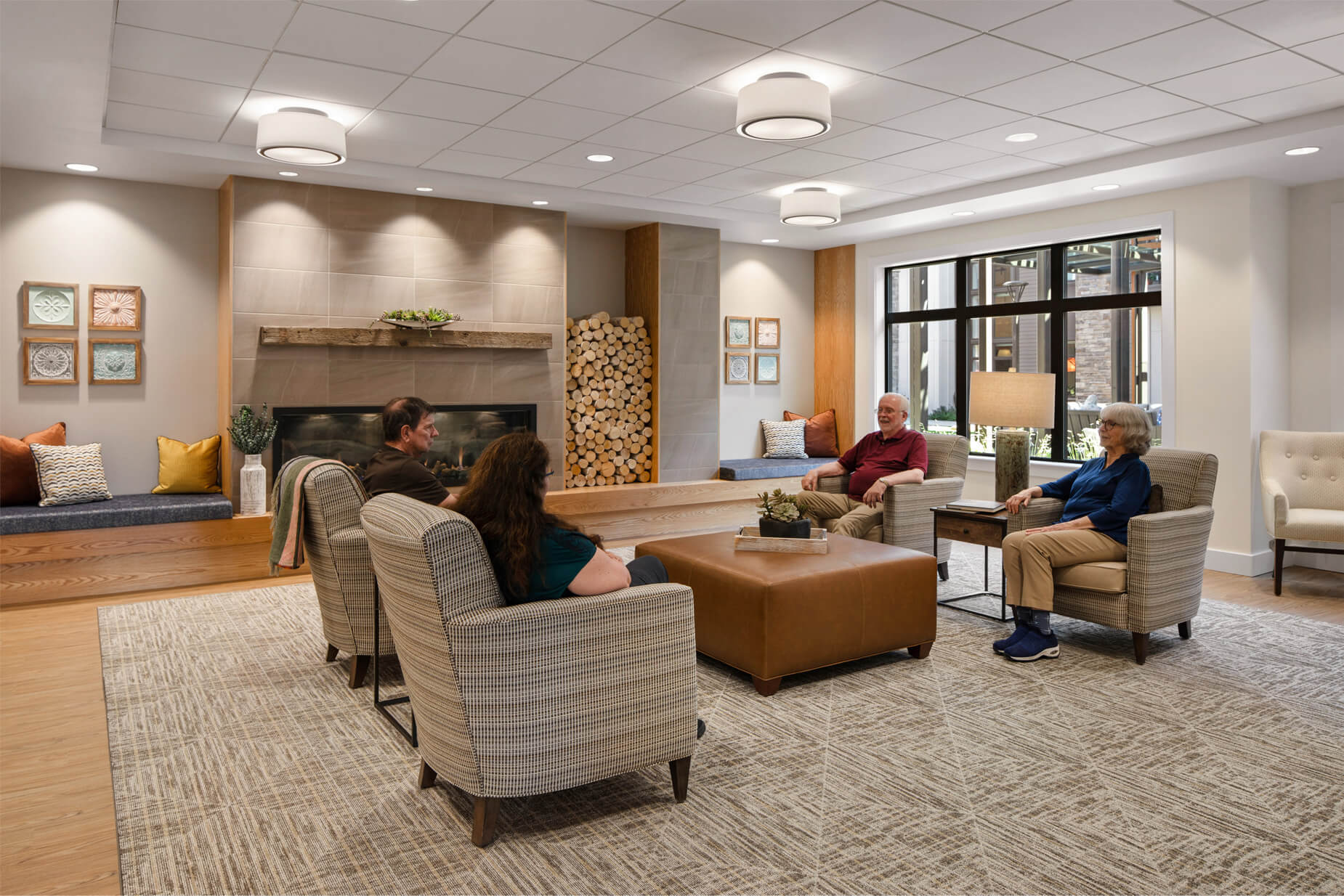 Residents socializing in a welcoming common area