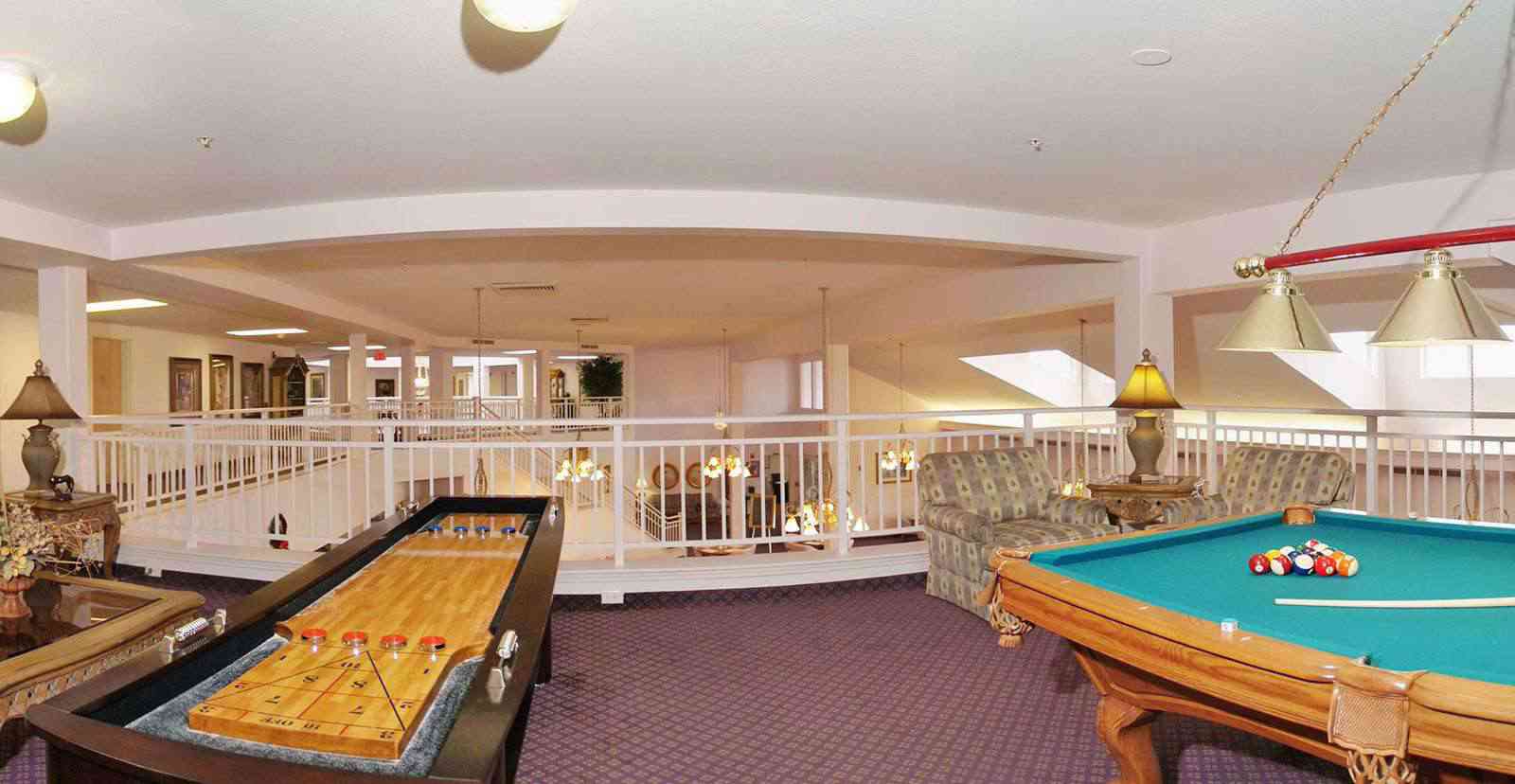 Interior view of a recreation space with games