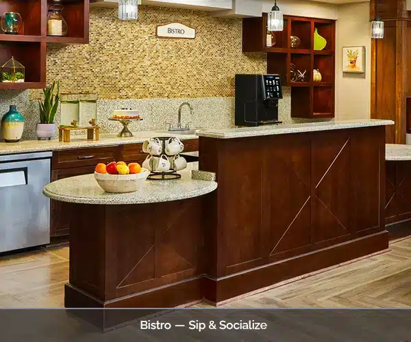 Interior view of a bistro area with a social atmosphere
