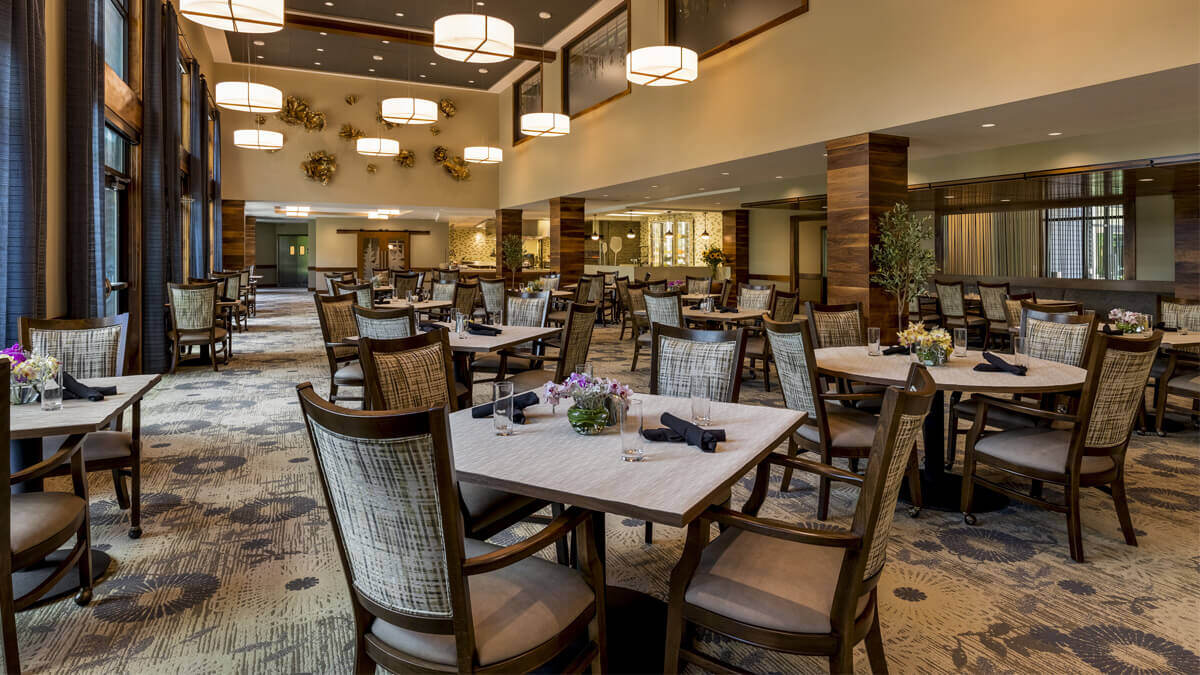 Elegant dining room in a senior living facility