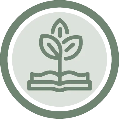 A logo featuring a plant growing from a book