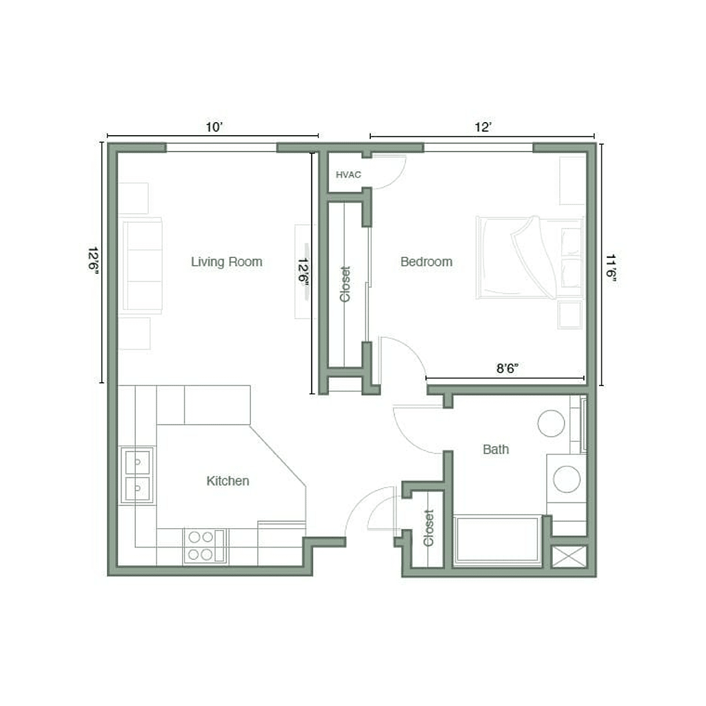 Architectural floor plan of a one-bedroom unit