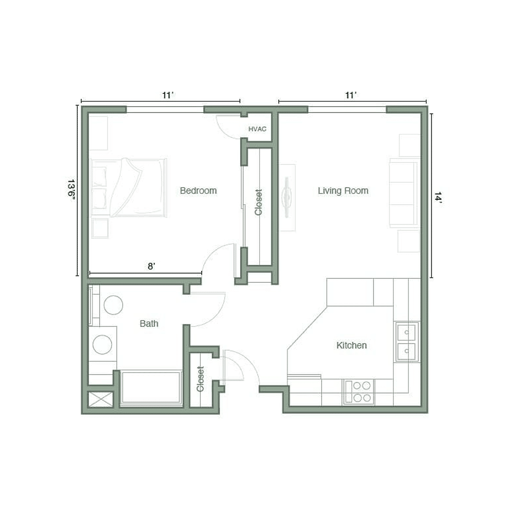 Architectural floor plan of a senior living unit