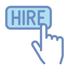Graphic of a button with 'HIRE' text