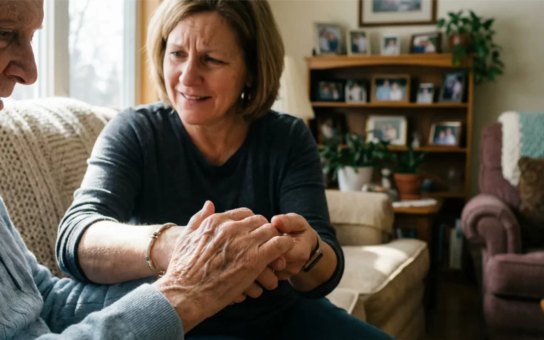 Caregiver holding the hands of a senior resident