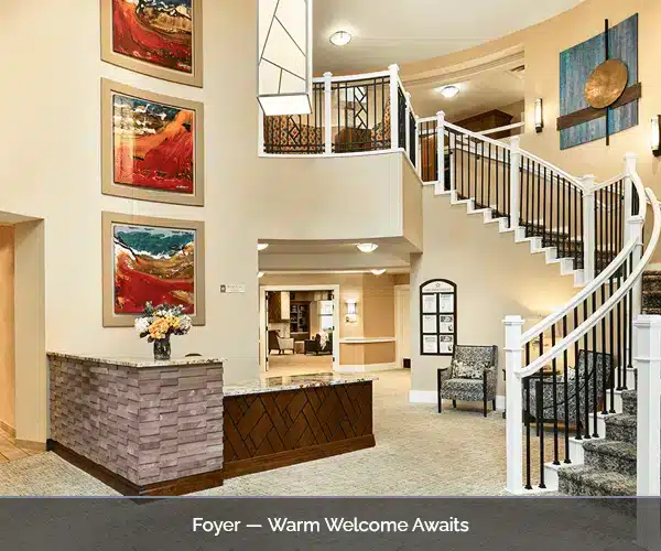 Interior foyer of a welcoming senior living facility