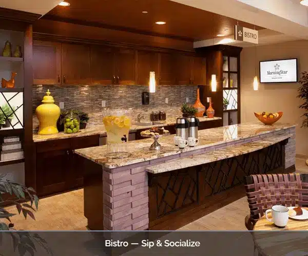 Interior of a bistro area with a food counter