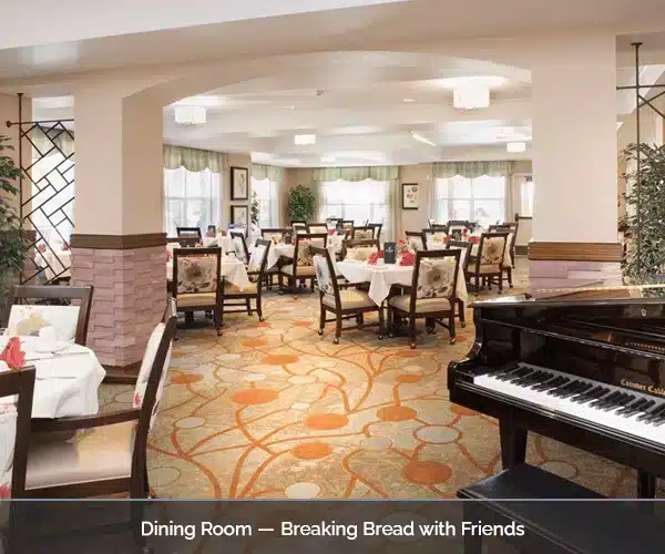 Dining room setup for a meal with tables and chairs