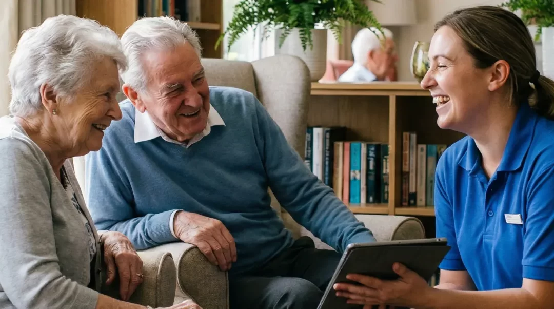 Residents engaging with staff in a common area