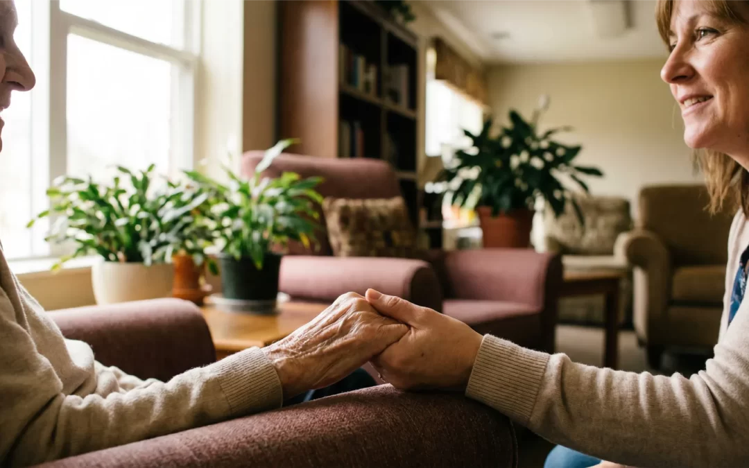 A resident and staff member holding hands in a common area