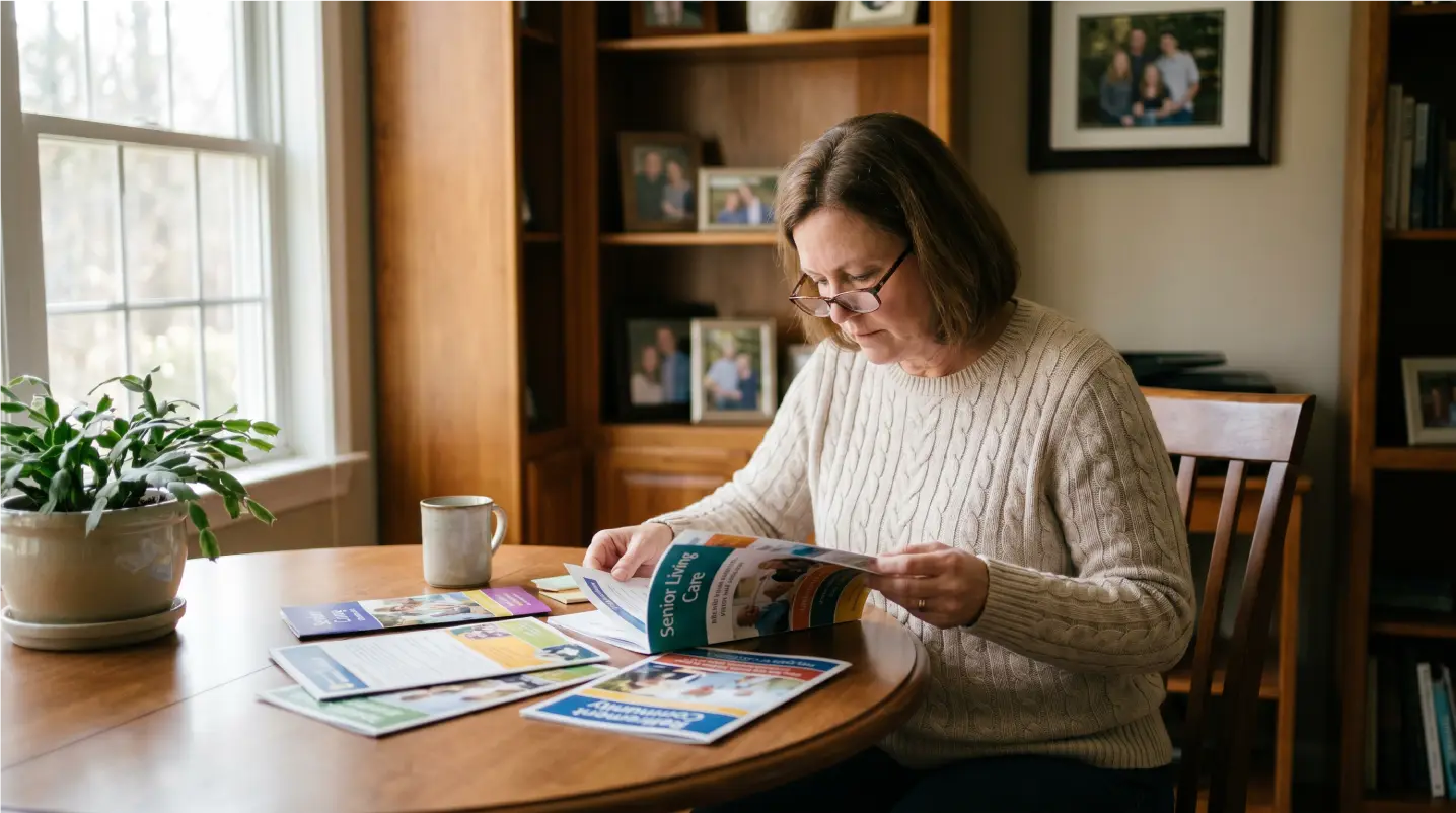 A woman reading materials at a table in a cozy interior.