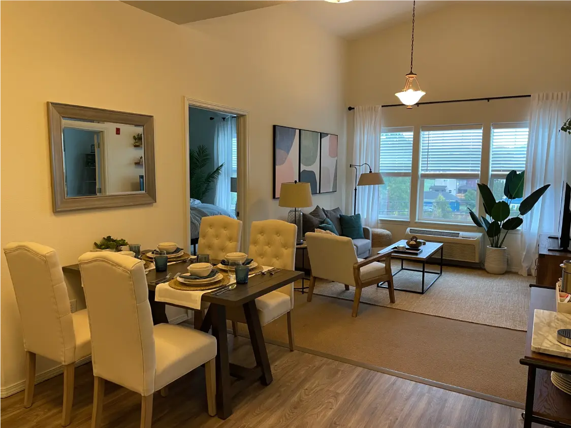 Interior view of a stylish living space with dining setup