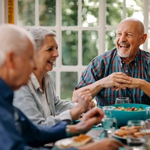 Three seniors enjoying a meal together and laughing
