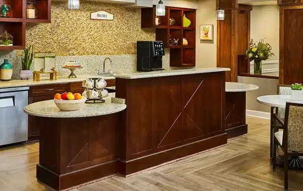 Interior view of a bistro with a counter and decoration