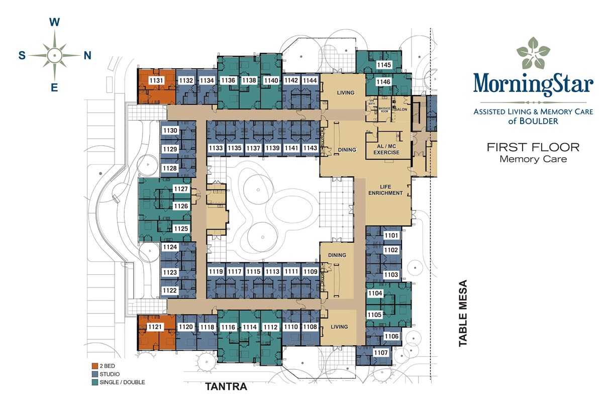 Architectural floor plan of memory care facility