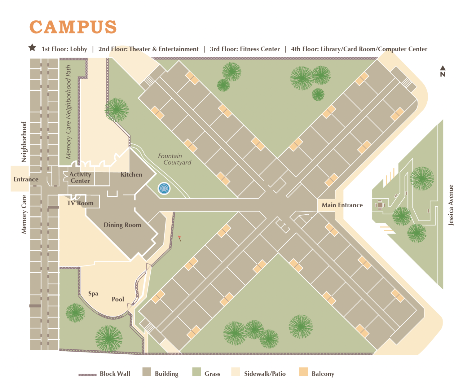 Architectural floor plan of a senior living campus