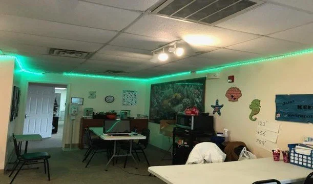 Common area with tables and artistic decor