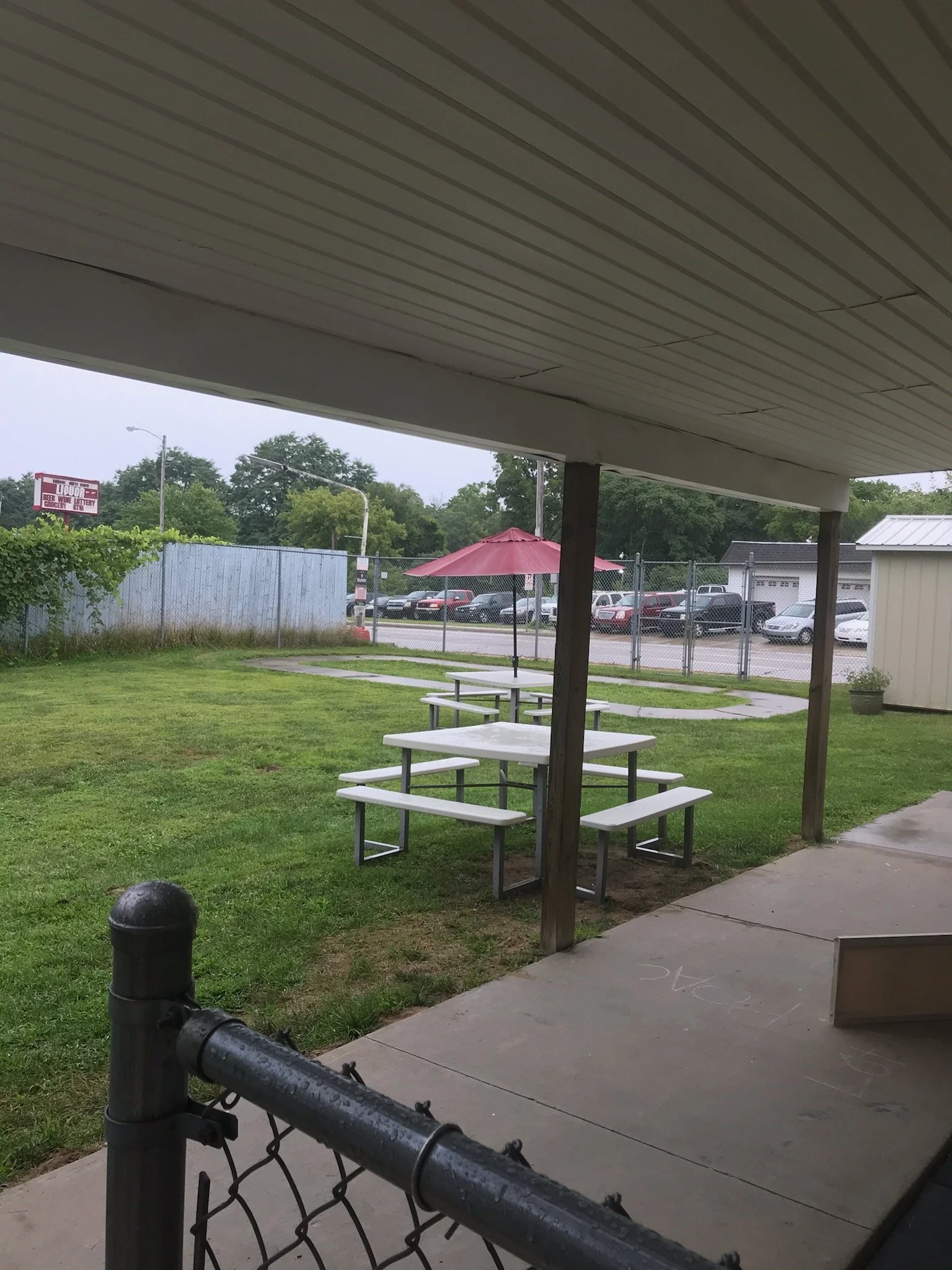 Outdoor seating area with picnic tables
