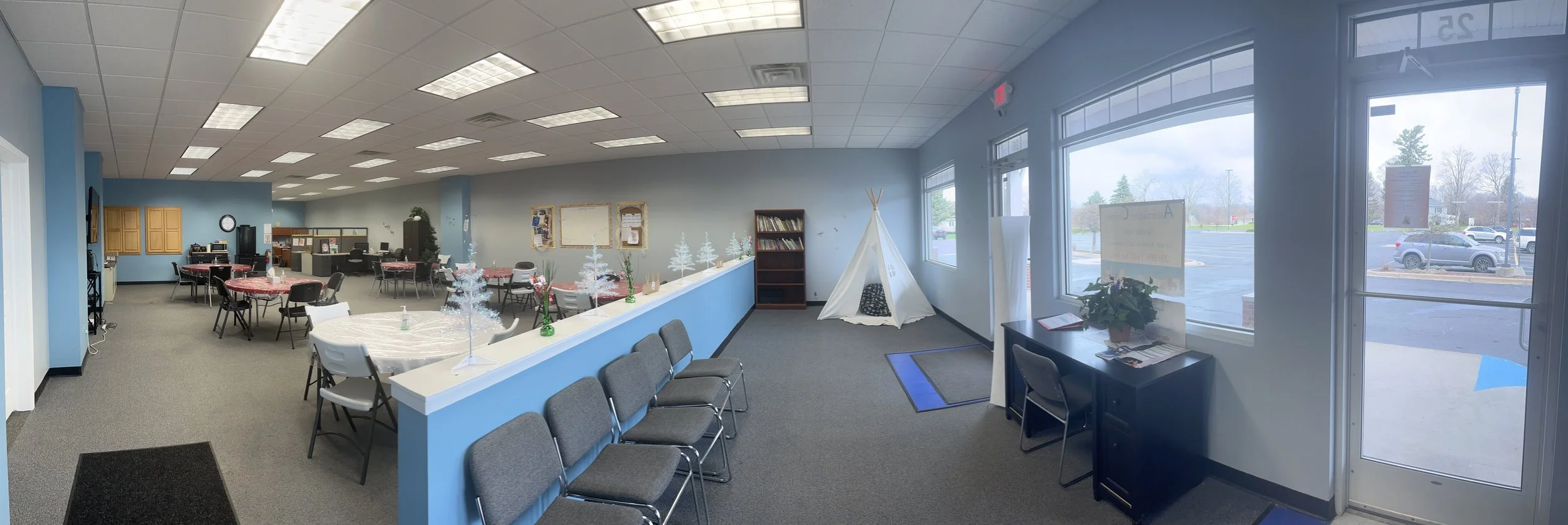 Interior view of a common area with seating