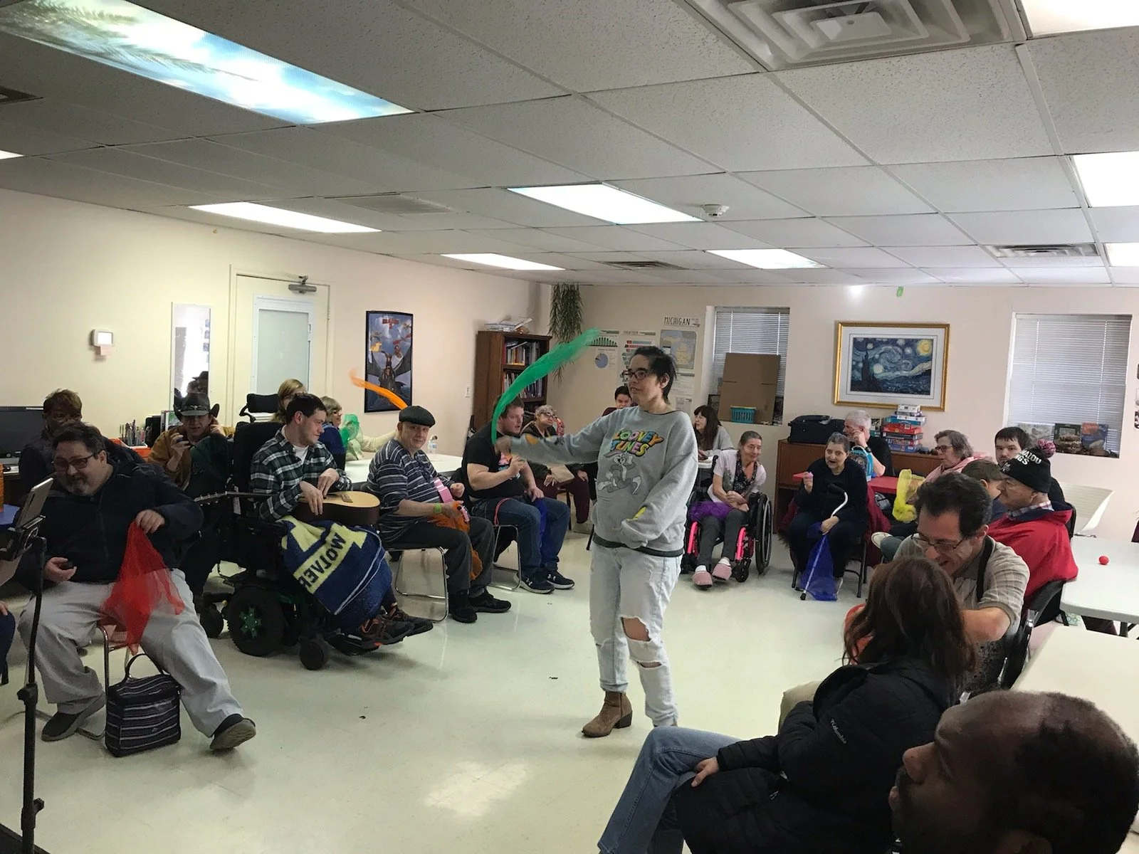 Residents engaging in an activity in a common area.