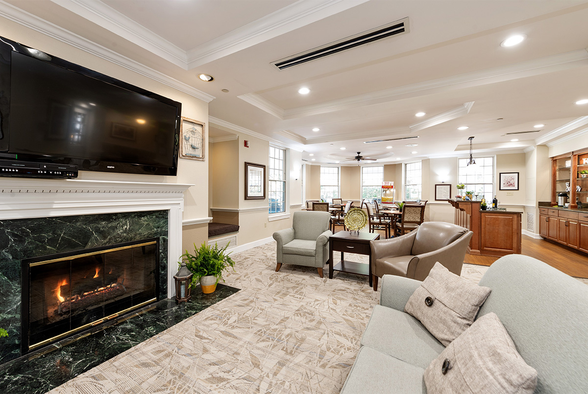 Cozy common area with fireplace and seating