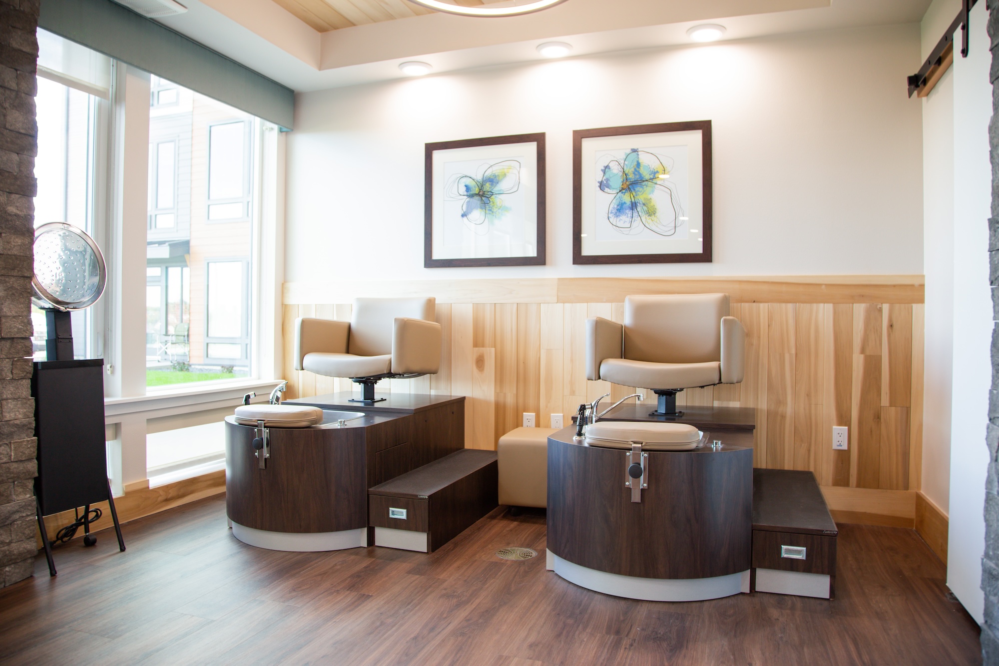 Hair salon area with styling chairs