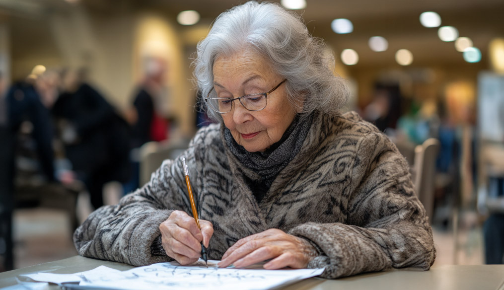 Elderly woman engaged in an art activity indoors.