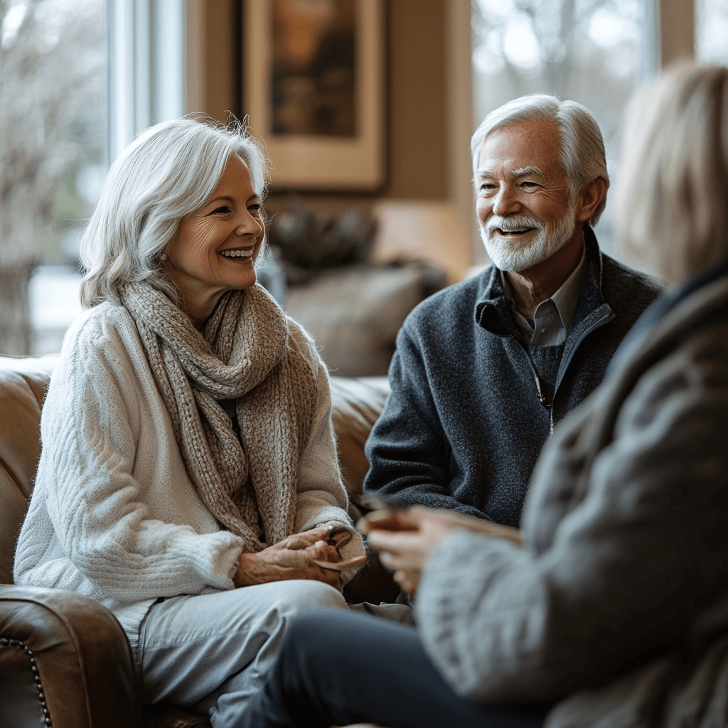 Three older adults enjoying conversation indoors