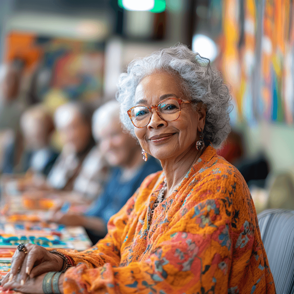 Elderly woman smiling at a colorful activity table.
