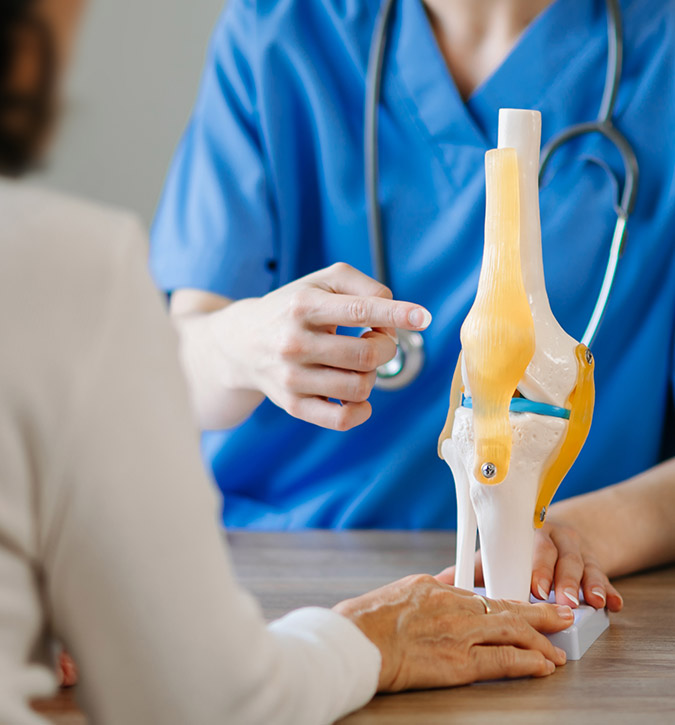 Healthcare professional explaining joint anatomy to a patient.