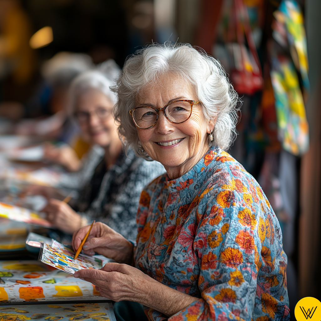 An elderly woman painting in a common area.